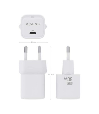 Aisens Carregador GAN 30W - 1xUSB-C PD3.0 QC4.0 - Branco